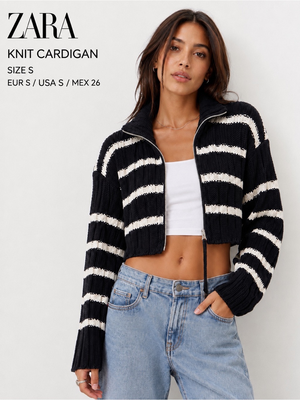 Zara Striped Cropped Zip Knit Cardigan Sweater Navy White Women’s S Oversized